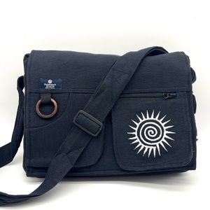 Black Cotton Laptop Messenger Bag with Swirl Embroidery